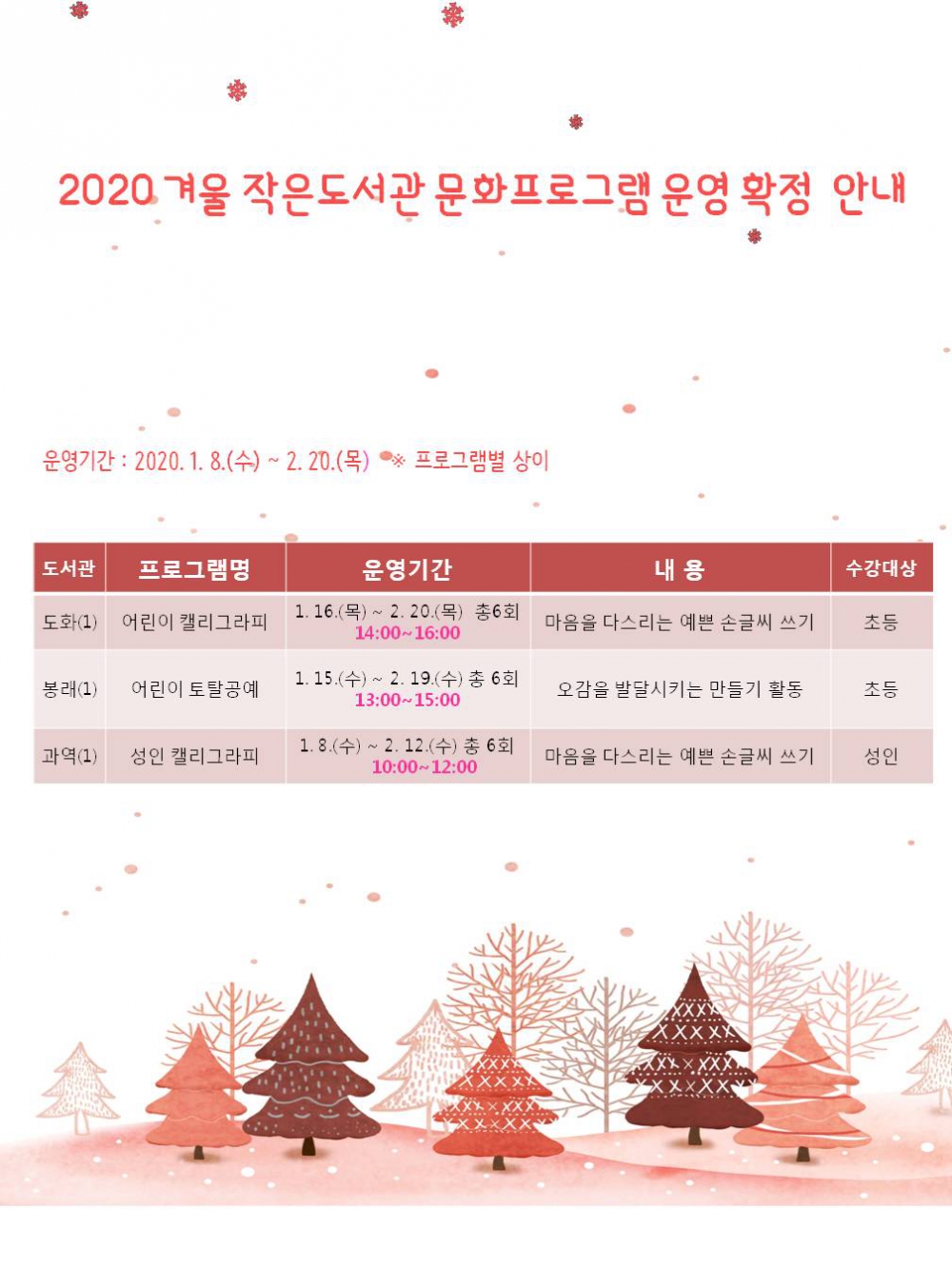 2020년 겨울 작은도서관 문화프로그램 운영 확정 안내 첨부이미지 : 2020 겨울 작은도서관 프로그램 운영 확정 안내.jpg